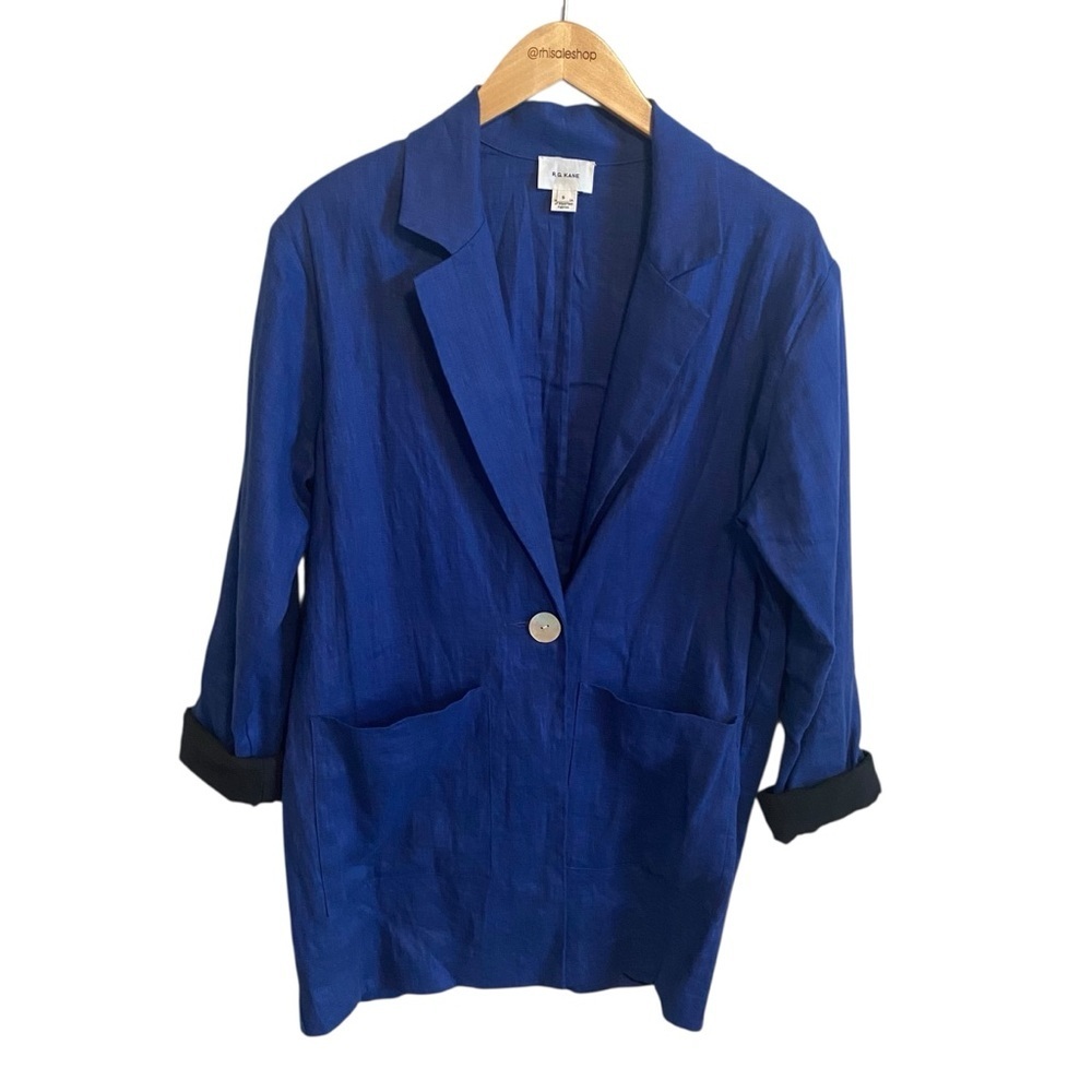 R.G. Kane Royal Blue Longline Pocket Linen Lagenlook Blazer Jacket Size Small
